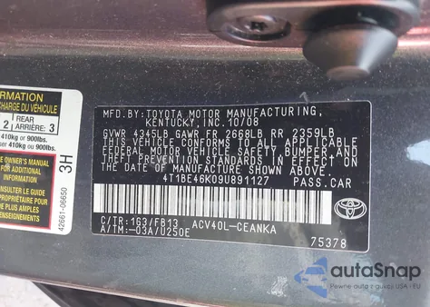 2009 Toyota Camry Le from USA, damaged, VIN 4T1BE46K09U891127